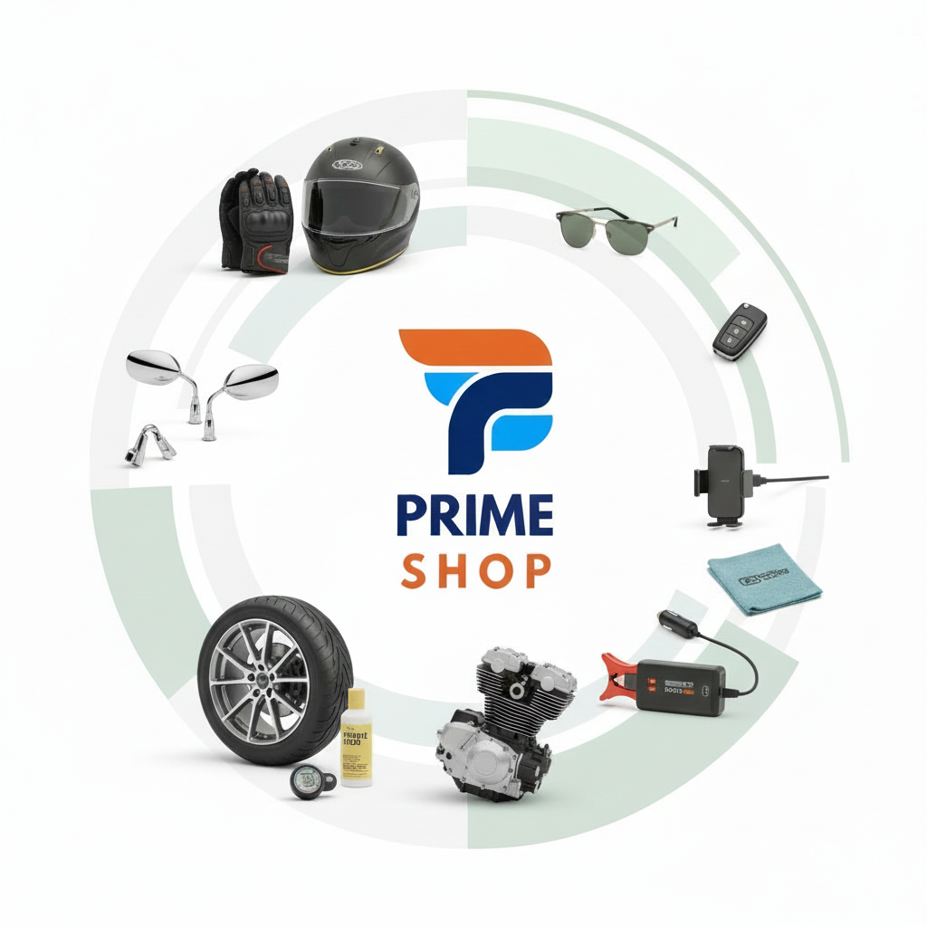 Prime Shop graphic for 'Car Accessories & Motorcycles' category. Features items like a full-face motorcycle helmet, a car cleaning kit, and automotive tools, dynamically arranged within a subtle, colored circular design on a pure white background