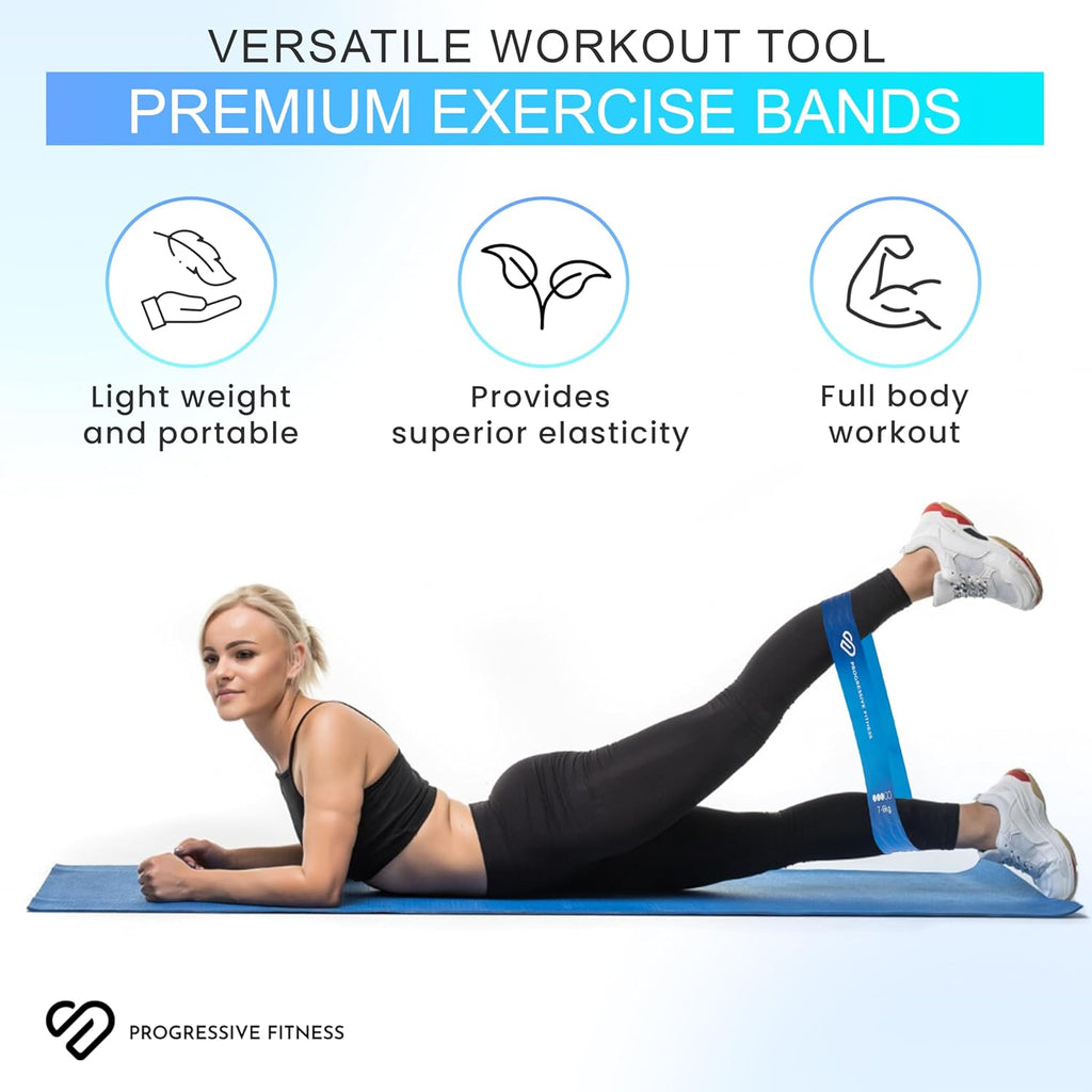 Woman using exercise bands with text highlighting features on a white background