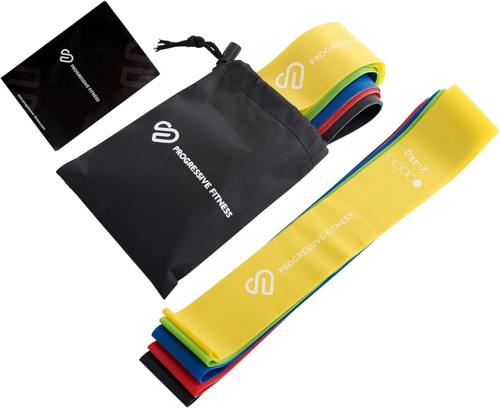Resistance bands in various colors with a black drawstring bag on a white background, featuring 'Progressive Fitness' branding.