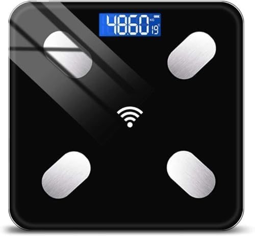 Digital body fat scale with digital display and Wi-Fi symbol on a black background