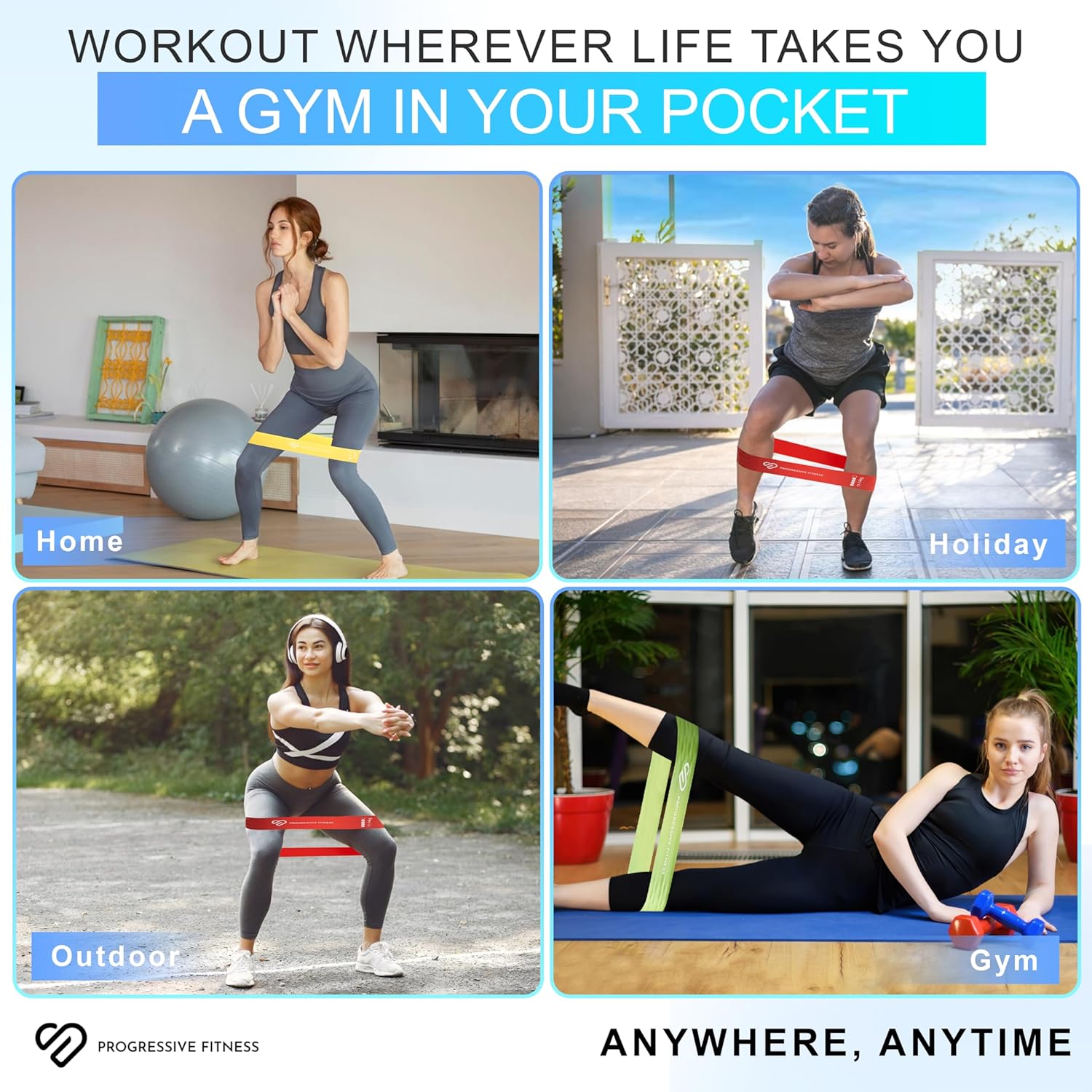 Woman exercising in various settings with text 'Workout wherever life takes you, a gym in your pocket' and 'Progressive Fitness' logo.