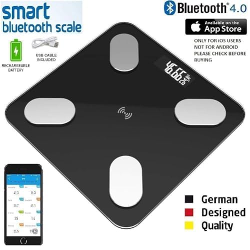 Smart Bluetooth scale with smartphone app on a white background
