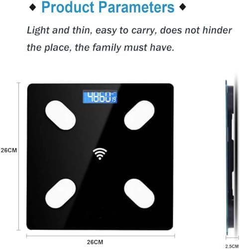 Digital body fat scale with dimensions and product features text