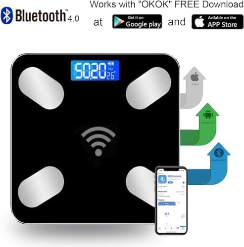 Digital weight scale with smartphone app interface on a white background
