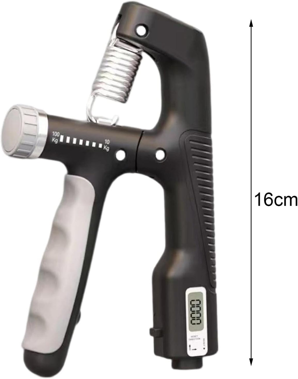 Hand grip strengthener with digital display and measurement scale on a white background
