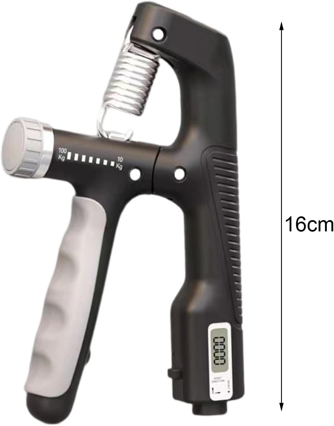 Hand grip strengthener with digital display and measurement scale on a white background