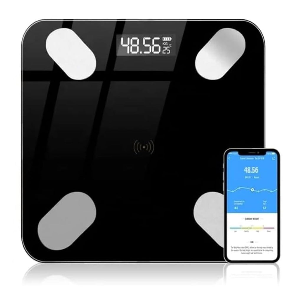 Digital body fat scale with smartphone app display on a white background