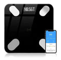 Digital body fat scale with smartphone app display on a white background