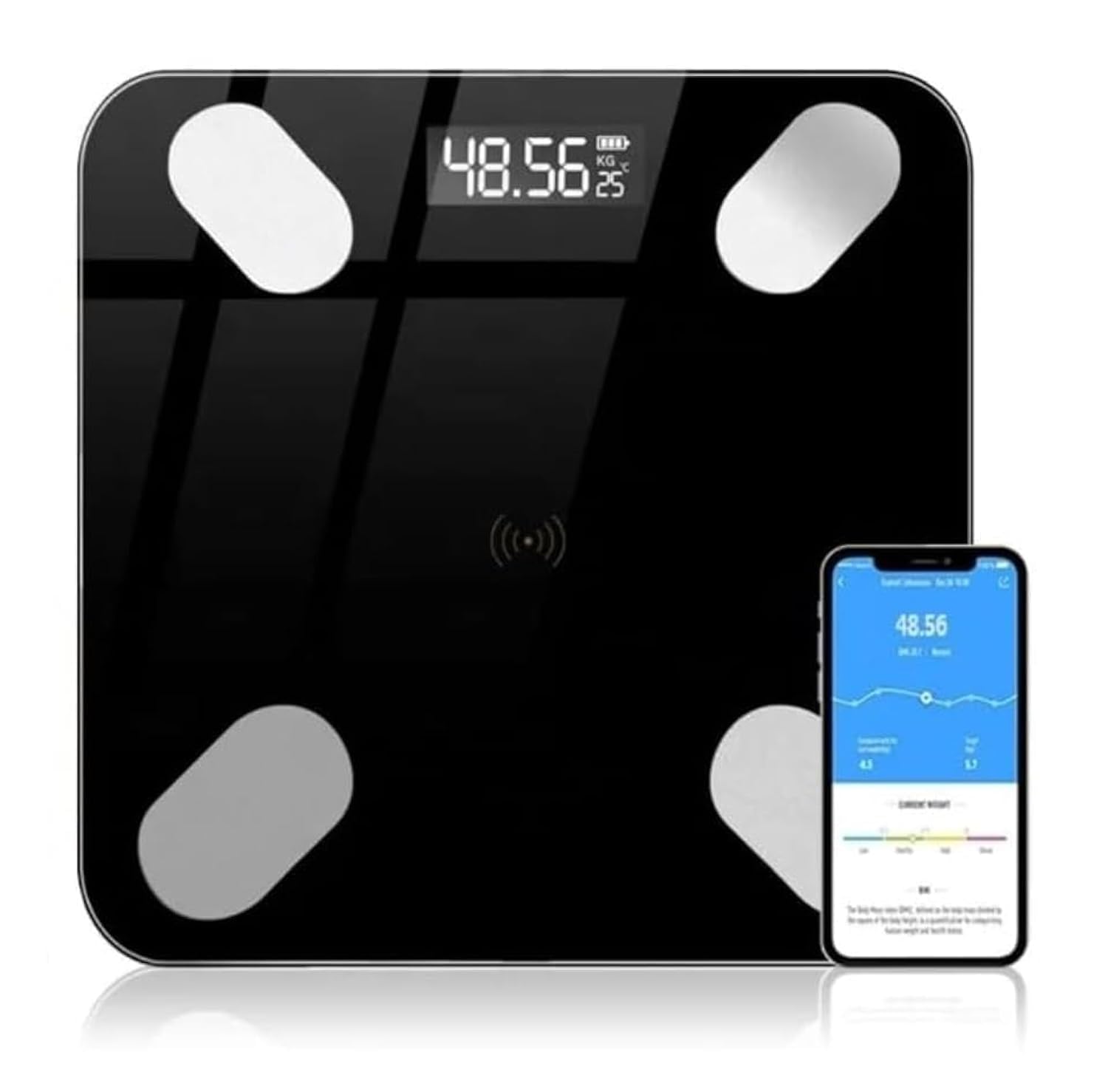 Digital body fat scale with smartphone app display on a white background