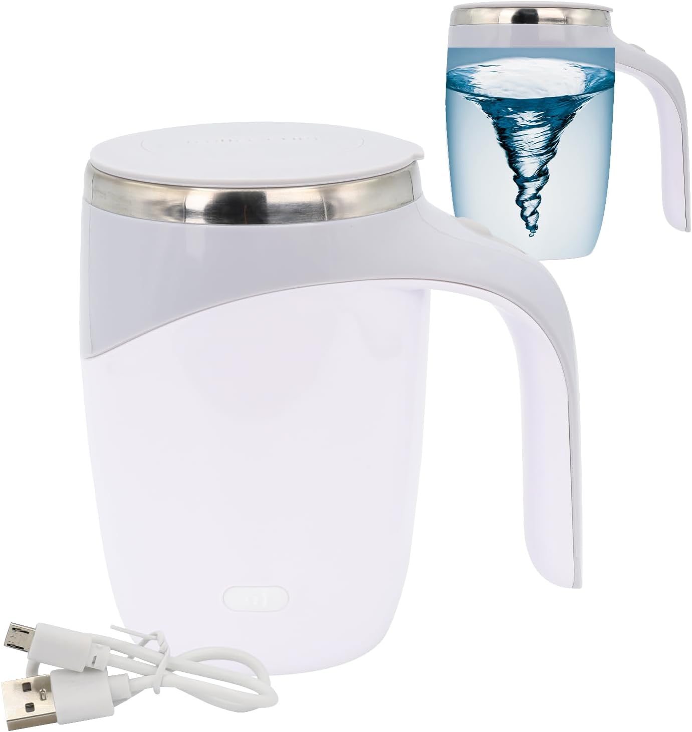 White mug with LED light, USB cable, and blue interior on a white background
