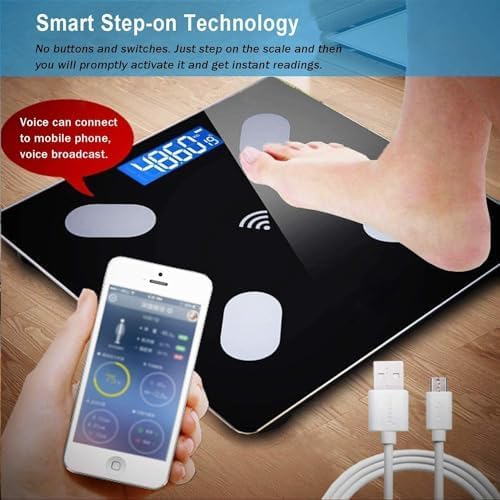 Smart step-on technology scale with digital display and smartphone app connection.
