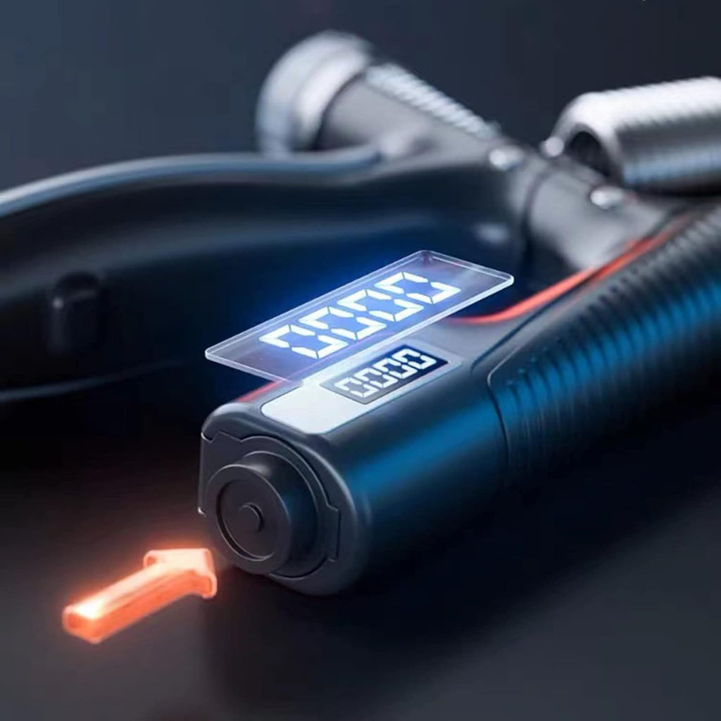 Digital air pump with digital display on a dark background