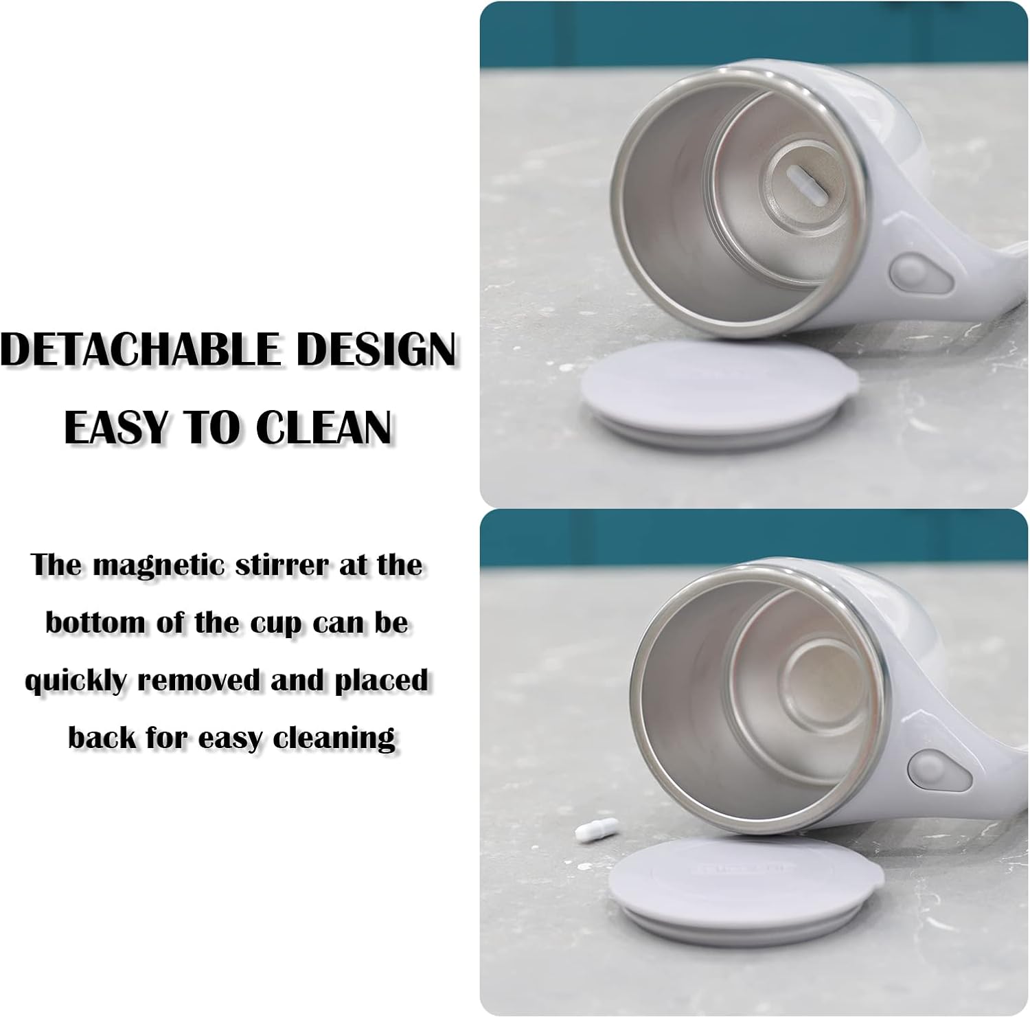 White cup with detachable magnetic stirrer on a gray background