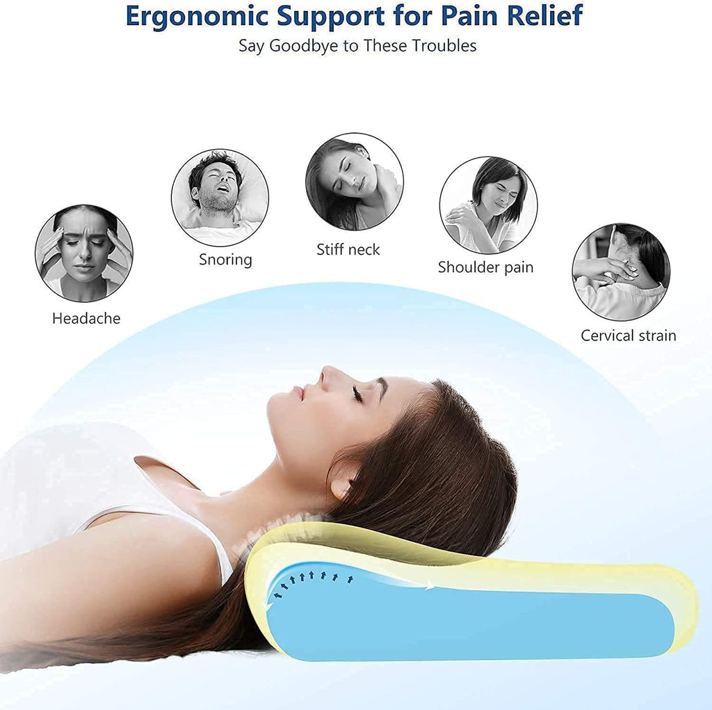 Ergonomic support pillow for pain relief with a woman using it, showing benefits like headache, snoring, stiff neck, shoulder pain, and cervical strain.