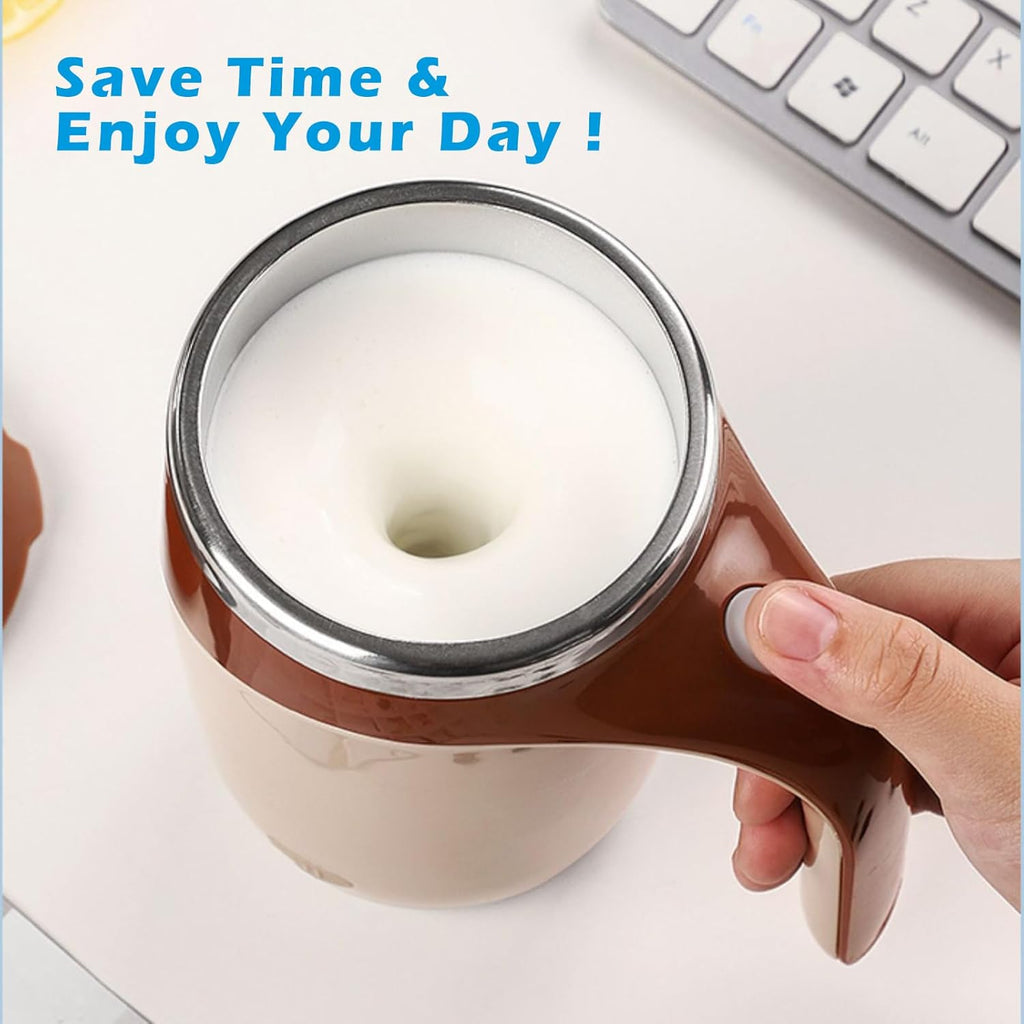 Hand holding a white and brown travel mug with a keyboard in the background and text 'Save Time & Enjoy Your Day!'.