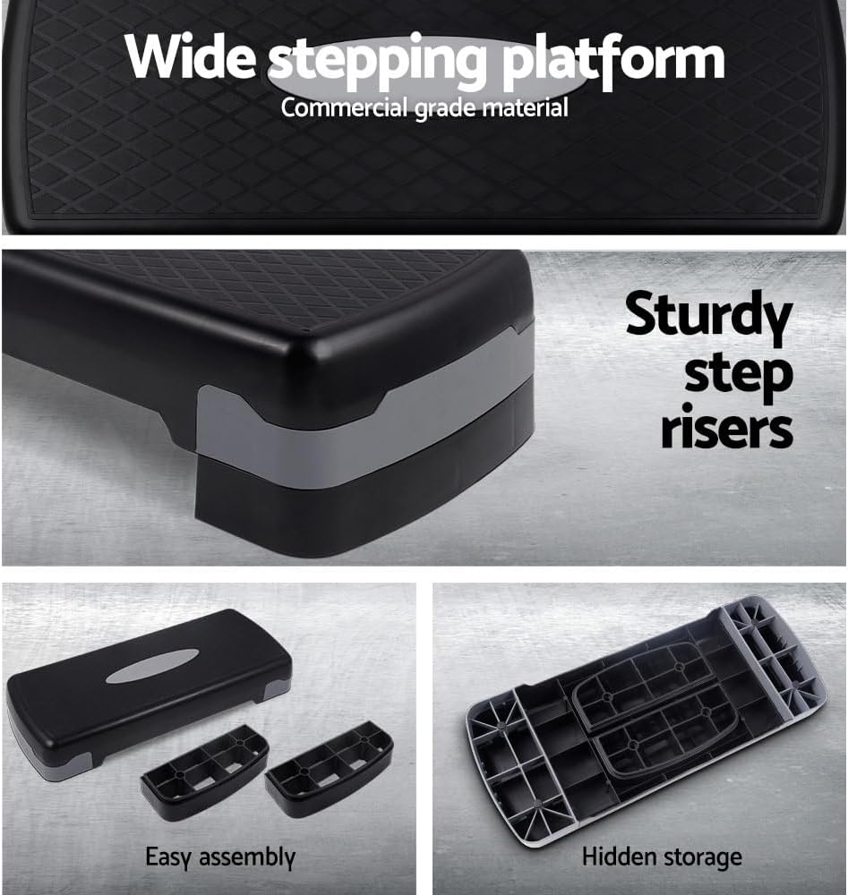 Step riser with text highlighting features like wide stepping platform, sturdy step risers, easy assembly, and hidden storage.