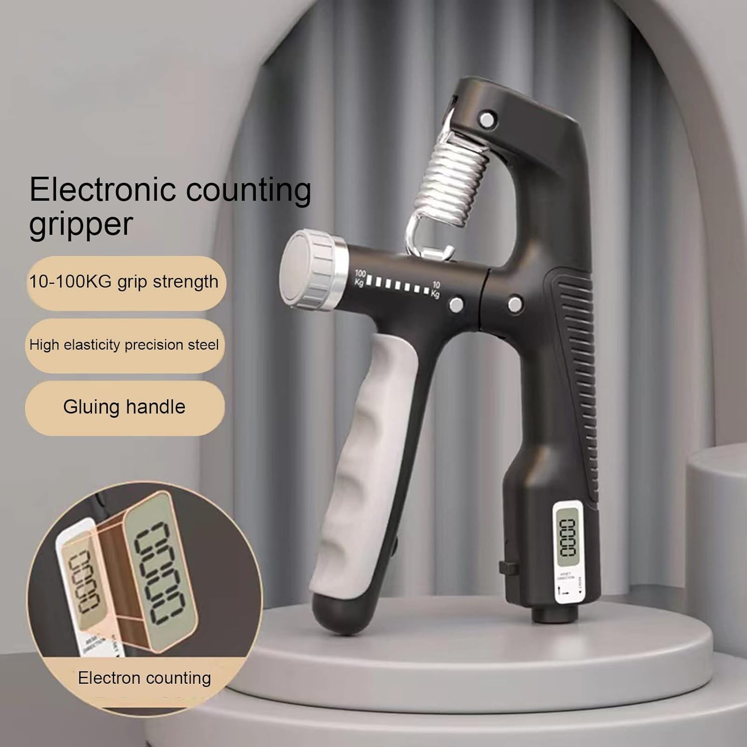 Electronic counting gripper with digital display on a gray background