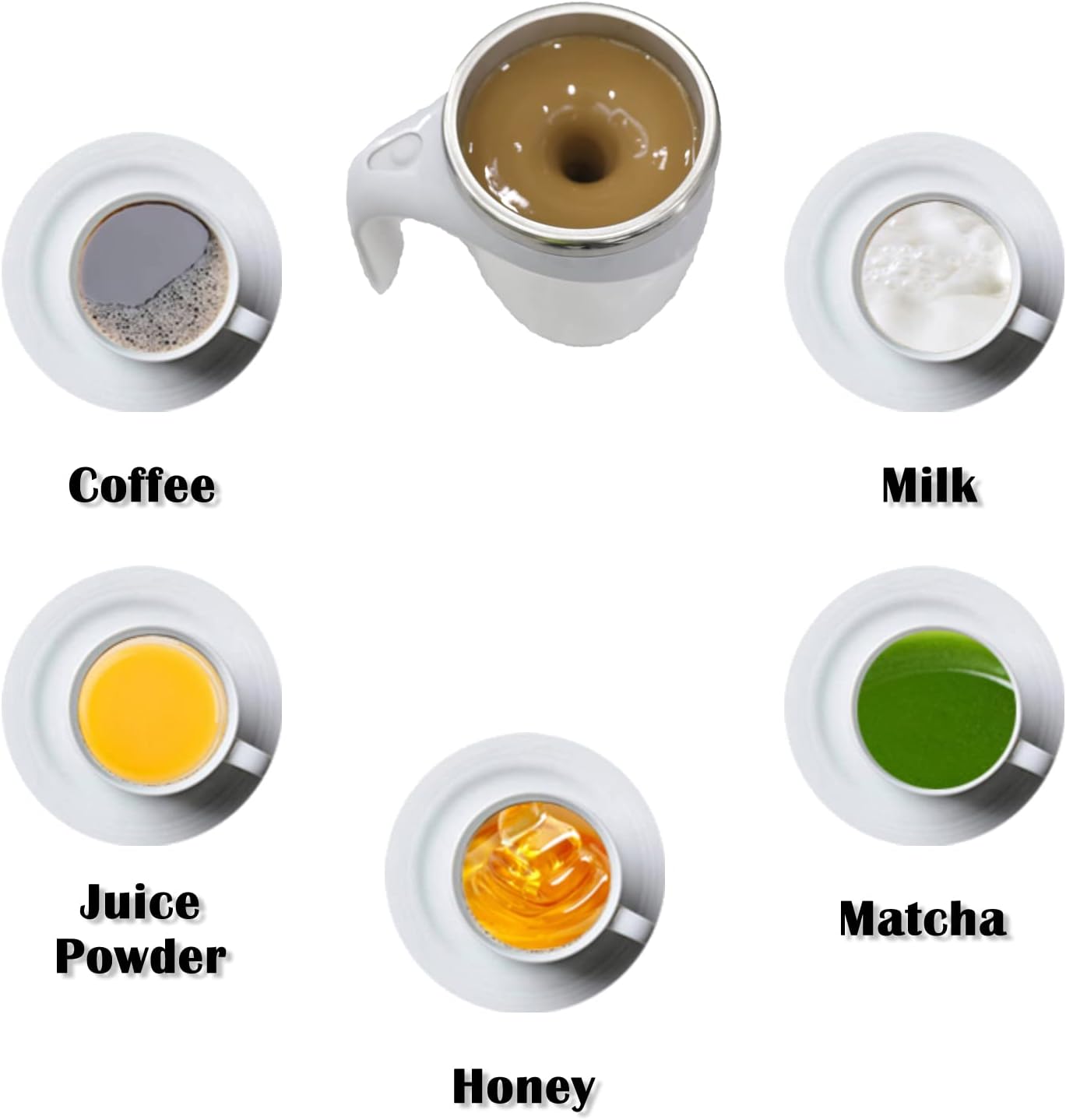 Collection of small cups with different contents labeled as Coffee, Milk, Juice Powder, Honey, and Matcha.