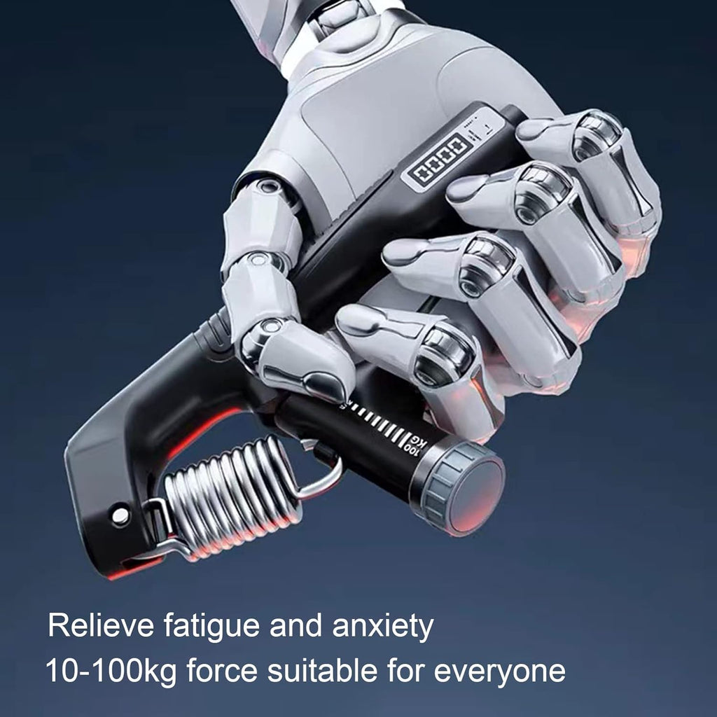 Robotic hand holding a tool with text on a dark background