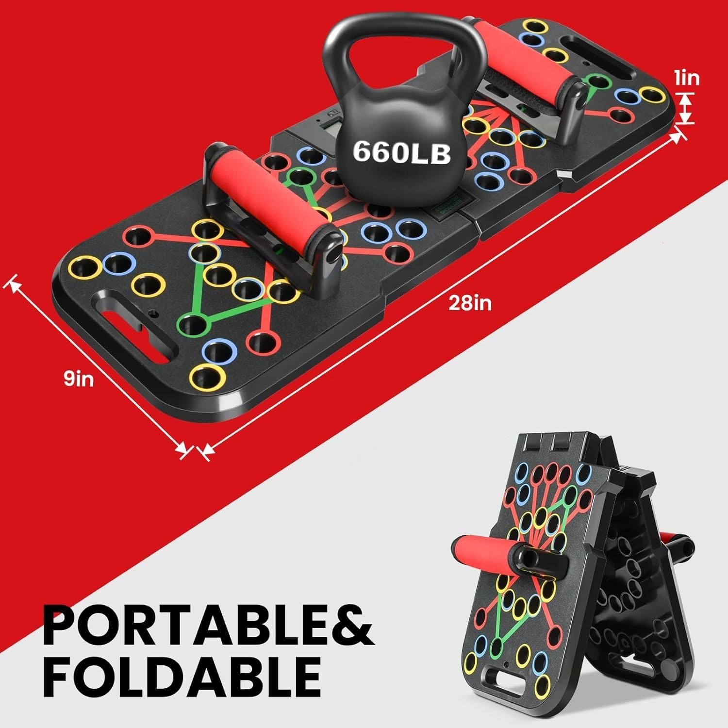 Portable and foldable workout board with kettlebell on a red and white background