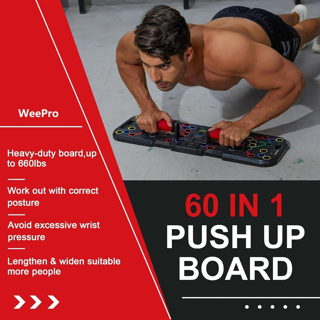 Man using a 60-in-1 push-up board with promotional text on a red and black background
