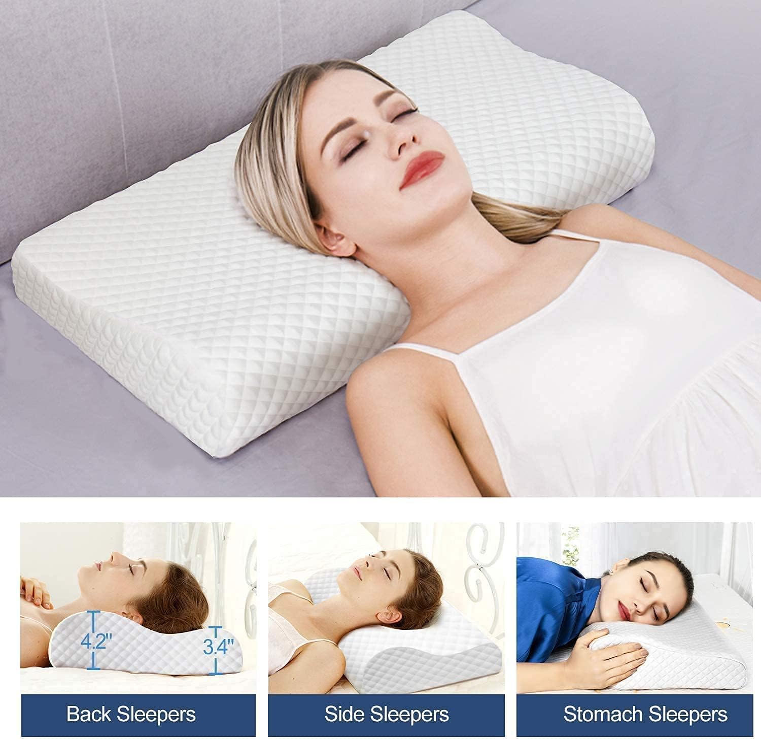 Woman sleeping on a white pillow with additional illustrations showing how it accommodates back, side, and stomach sleepers.