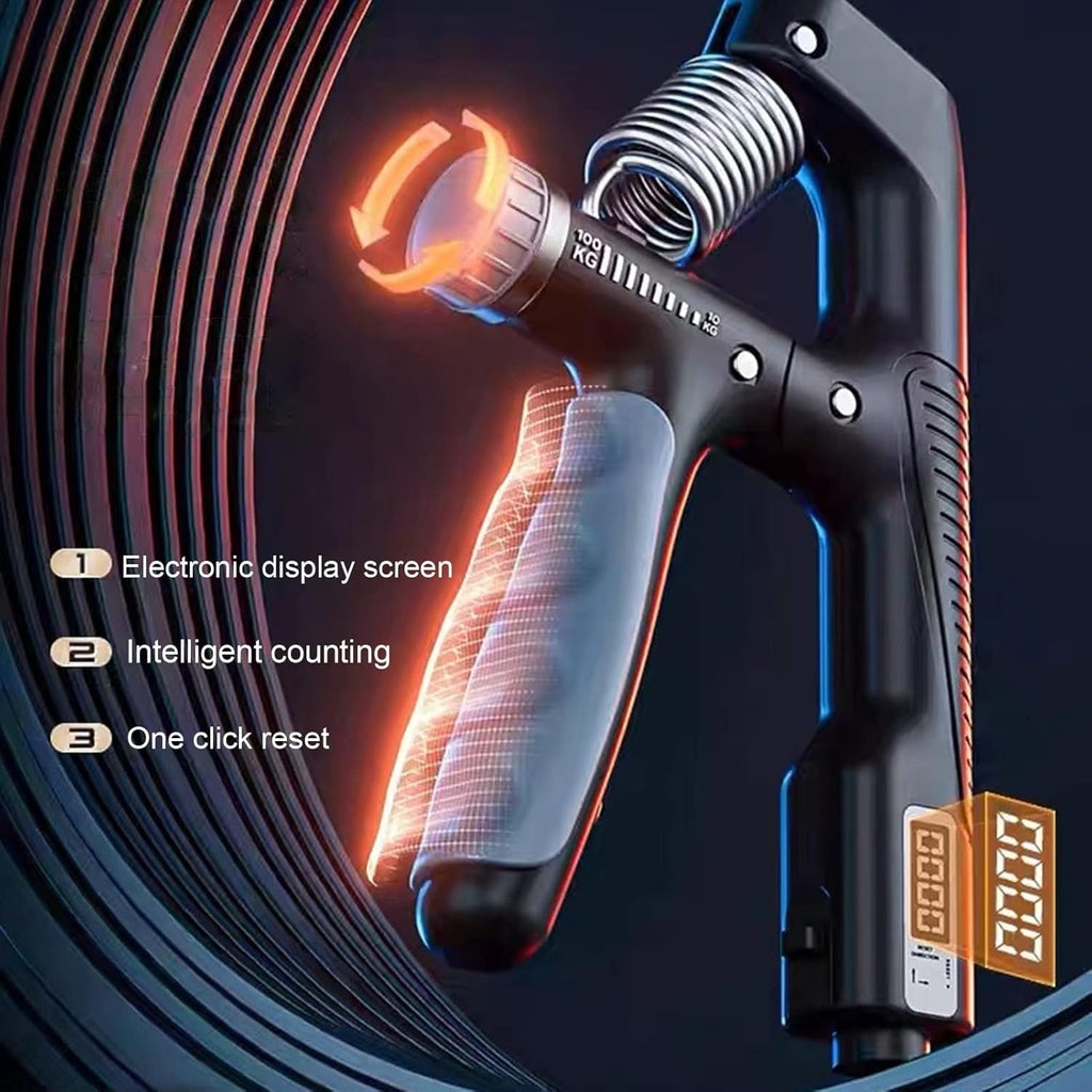 Digital hand grip trainer with electronic display screen on a dark background