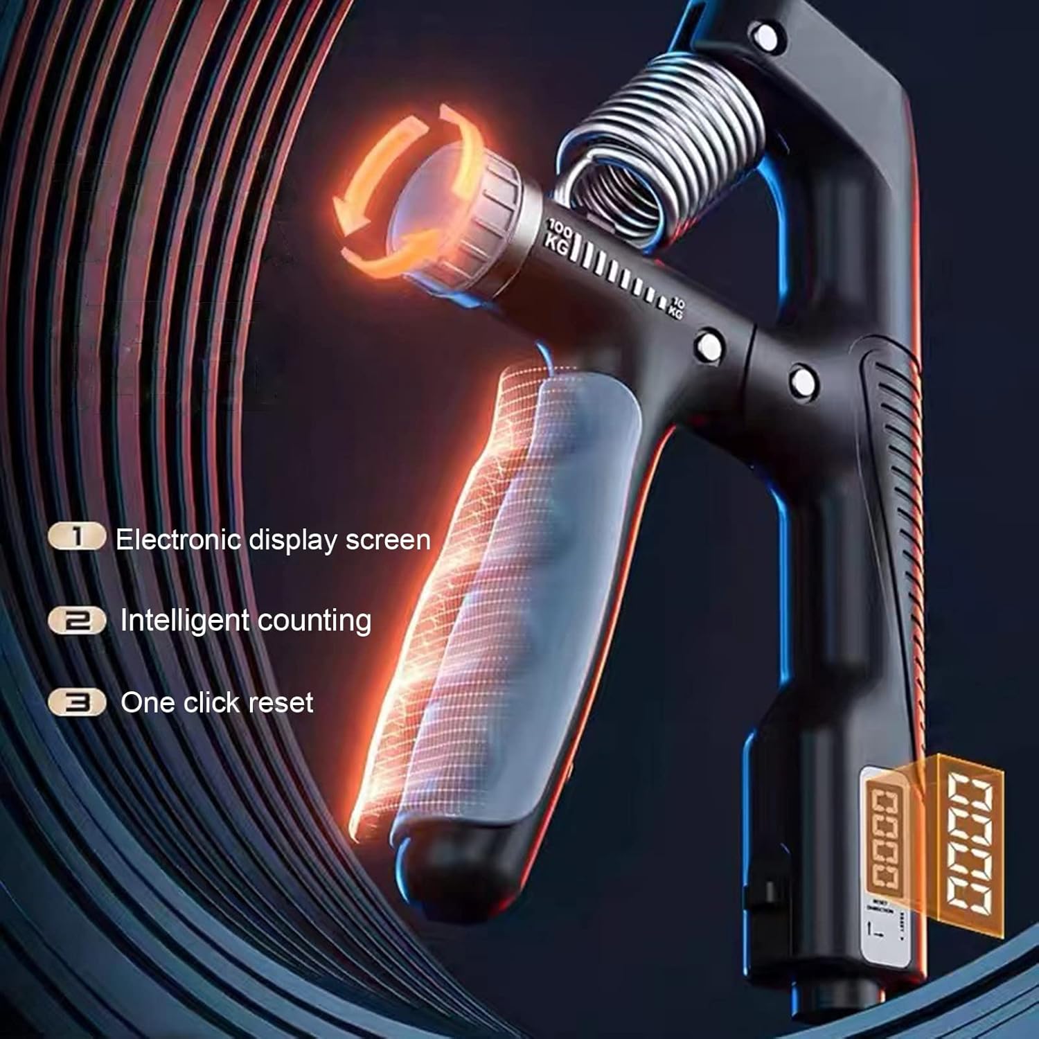 Digital hand grip trainer with electronic display screen on a dark background