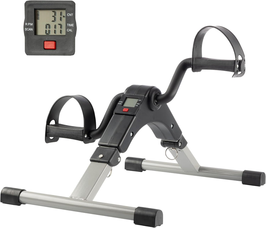 Handheld exercise bike with digital display on a white background