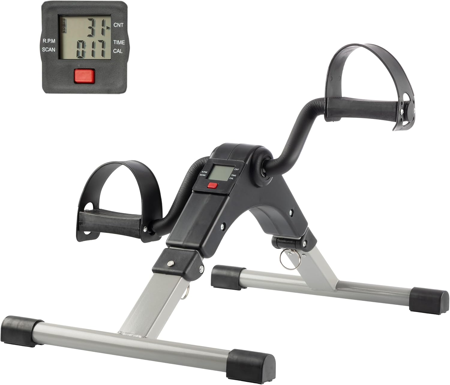 Handheld exercise bike with digital display on a white background