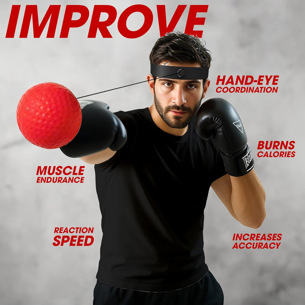 Man wearing boxing gloves and a headband with a red ball, promoting hand-eye coordination and fitness benefits.