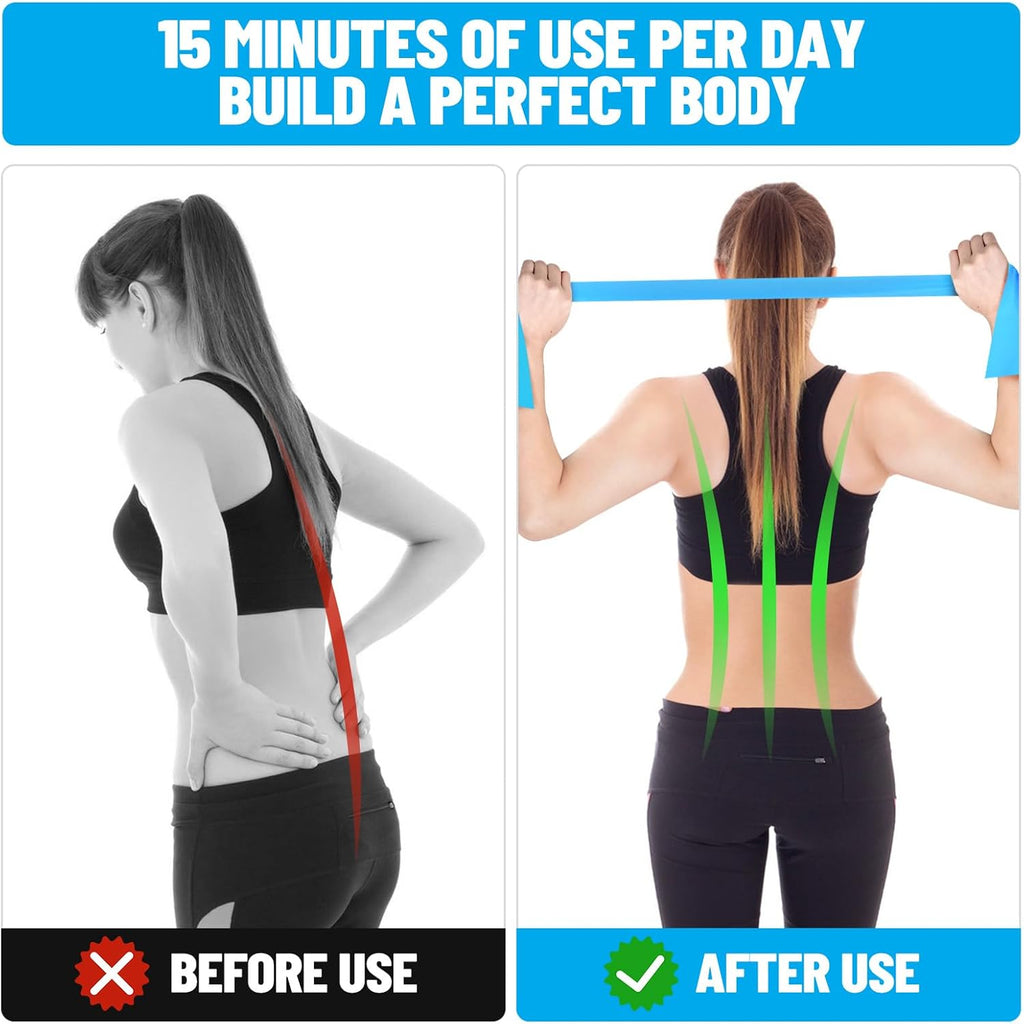 Before and after use comparison of a woman using resistance bands for back correction.