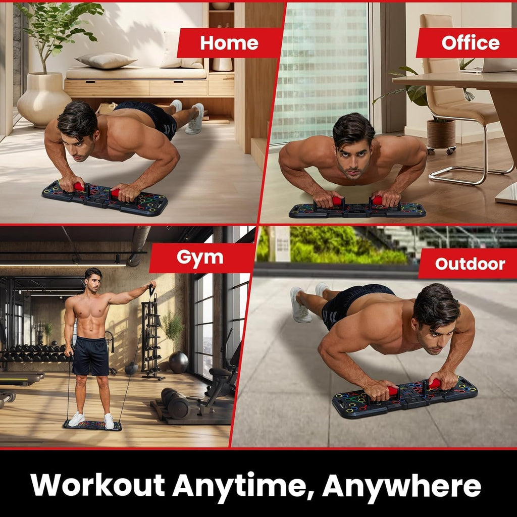 Man performing push-ups on a mat in various settings: home, office, gym, and outdoor.