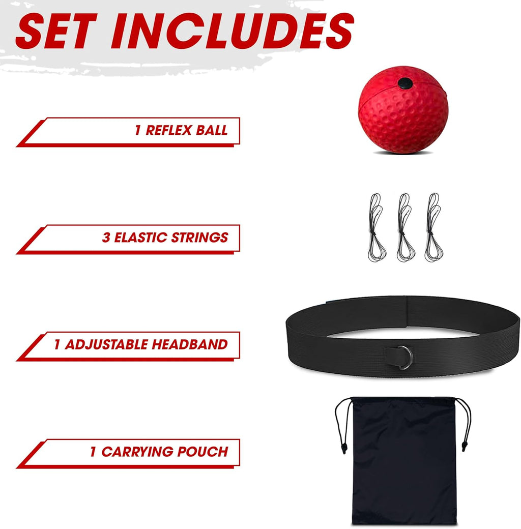 Set of reflex training equipment including a red reflex ball, black headband, and carrying pouch on a white background.