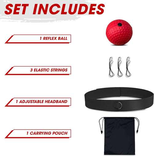 Set of reflex training equipment including a red reflex ball, black headband, and carrying pouch on a white background.