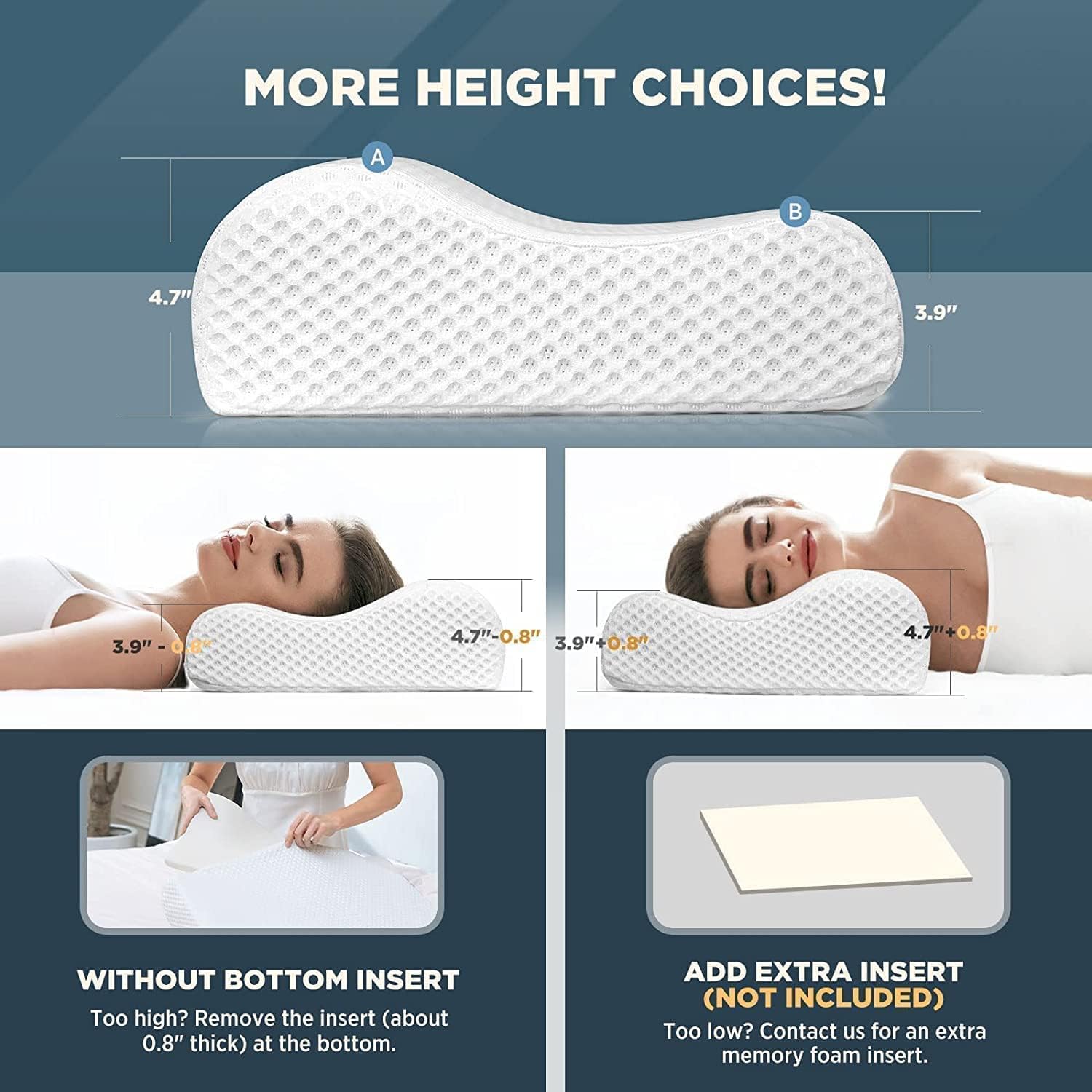 Ergonomic pillow with height options and usage scenarios on a blue background