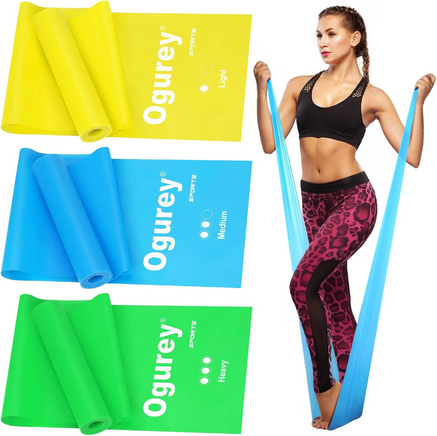 Woman exercising with Ogurey resistance bands on a white background