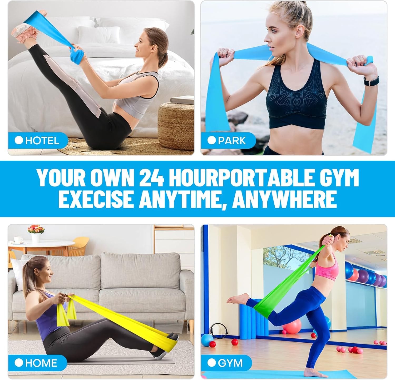 Four images of a woman using resistance bands in different settings with promotional text about a portable gym.