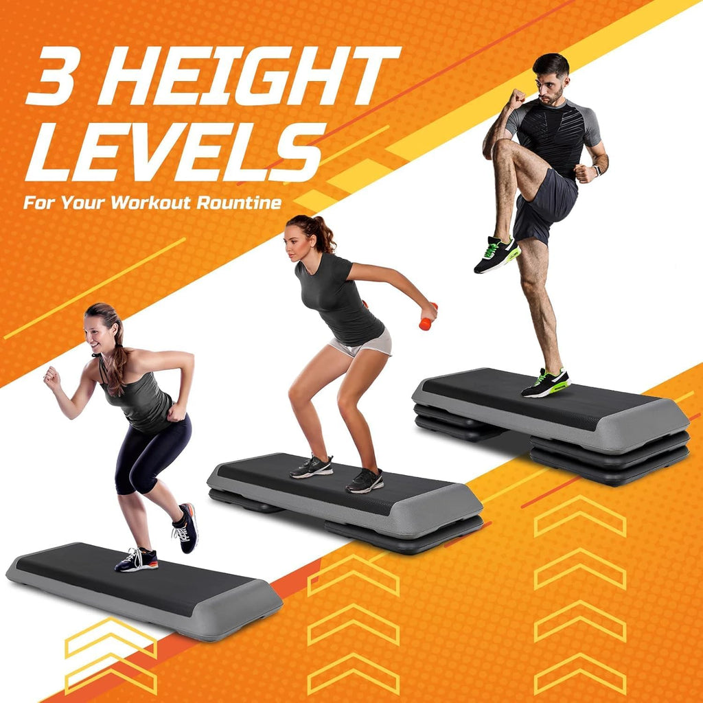 Three people using a step platform with '3 Height Levels' text on an orange and white background.