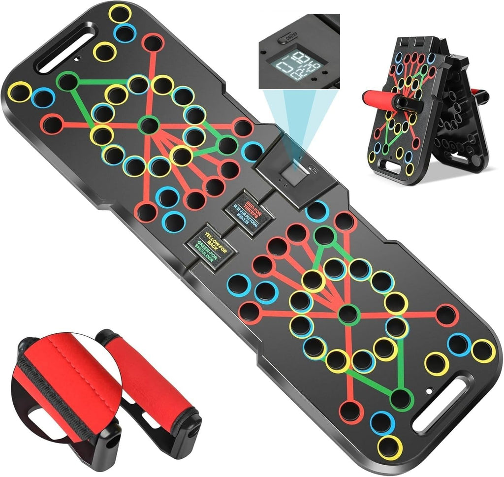 Phone case with colorful geometric design and stand function on a white background