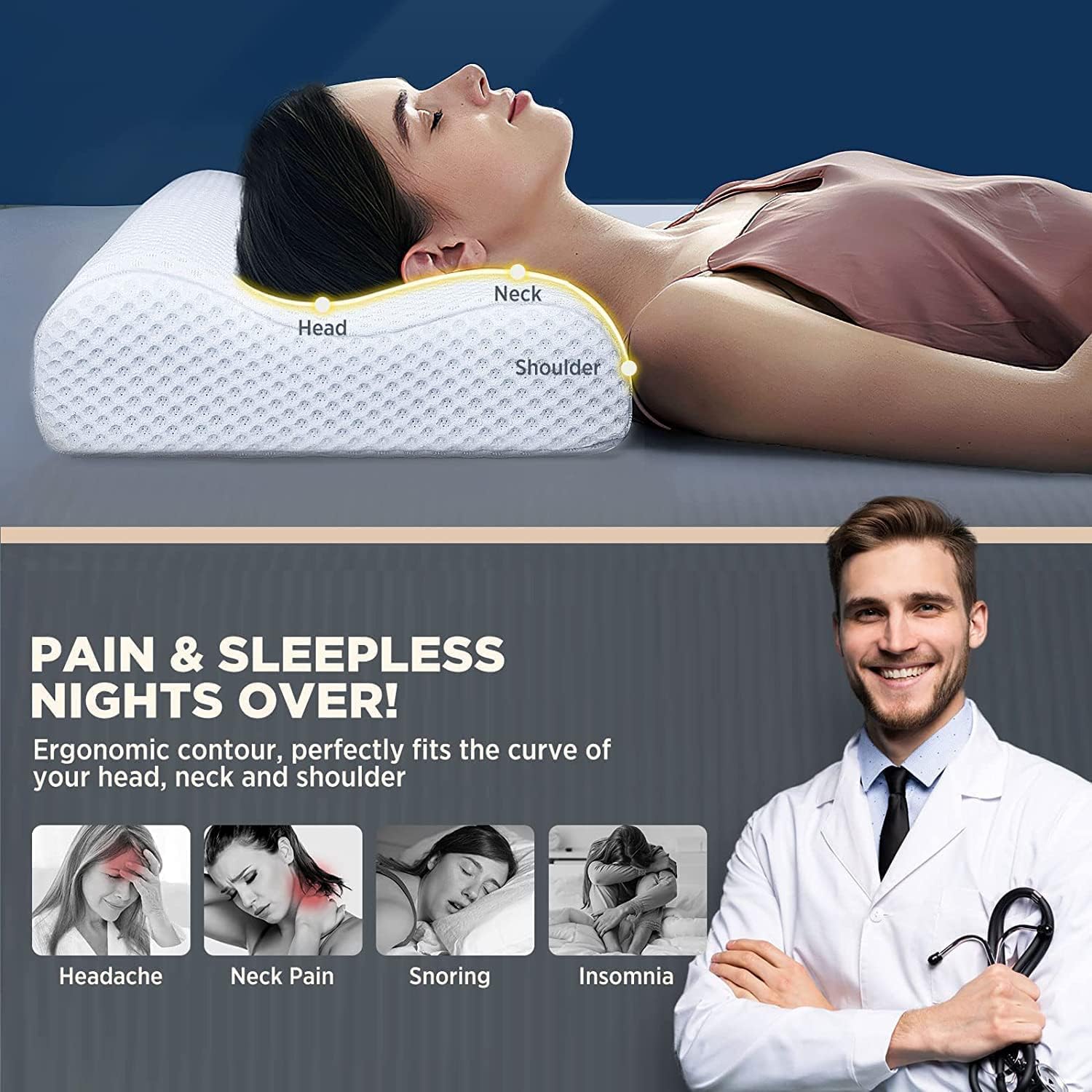 Ergonomic pillow with labeled parts and a person using it, alongside a doctor promoting its benefits.