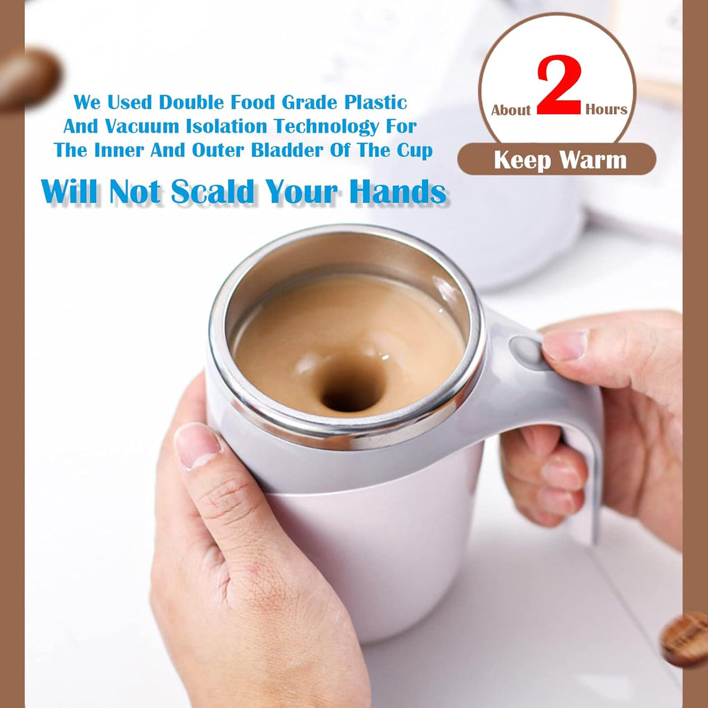 White mug with coffee held by hands, text about material and warmth retention.