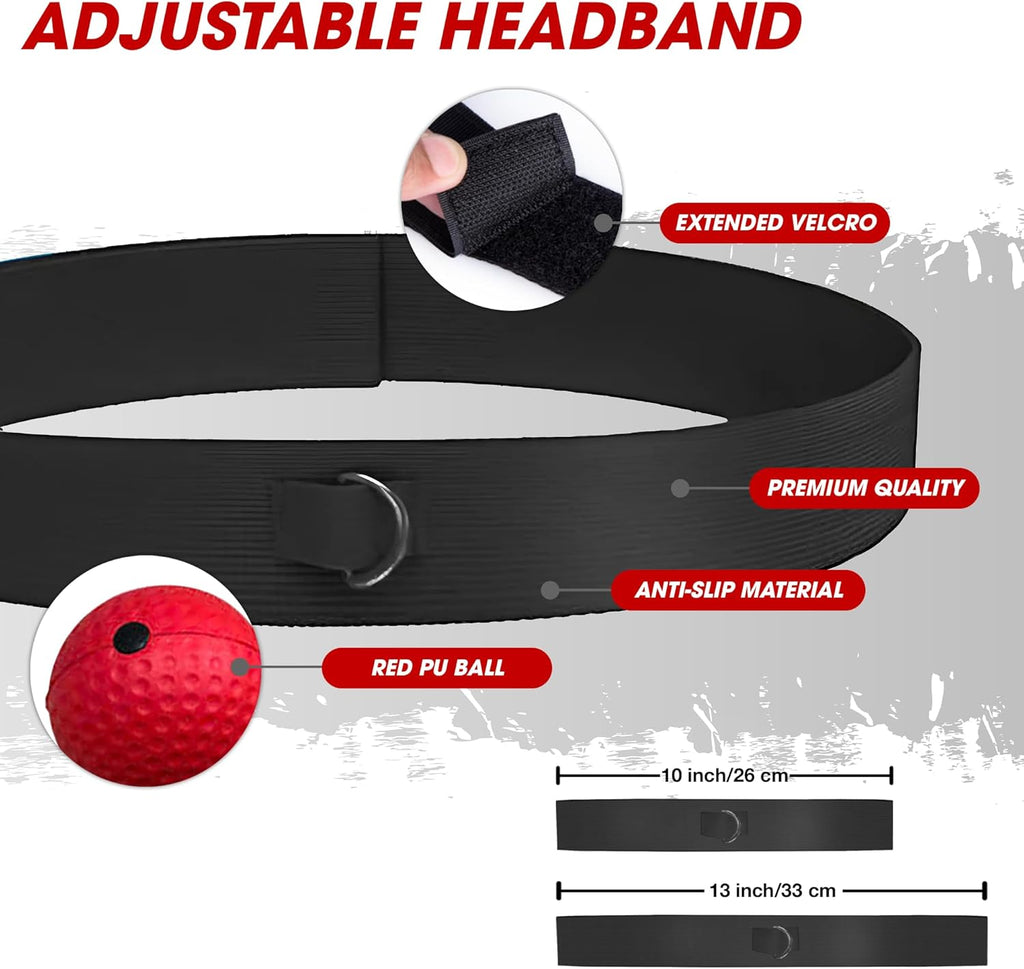 Black headband with adjustable velcro, red PU ball, and feature labels on a white background