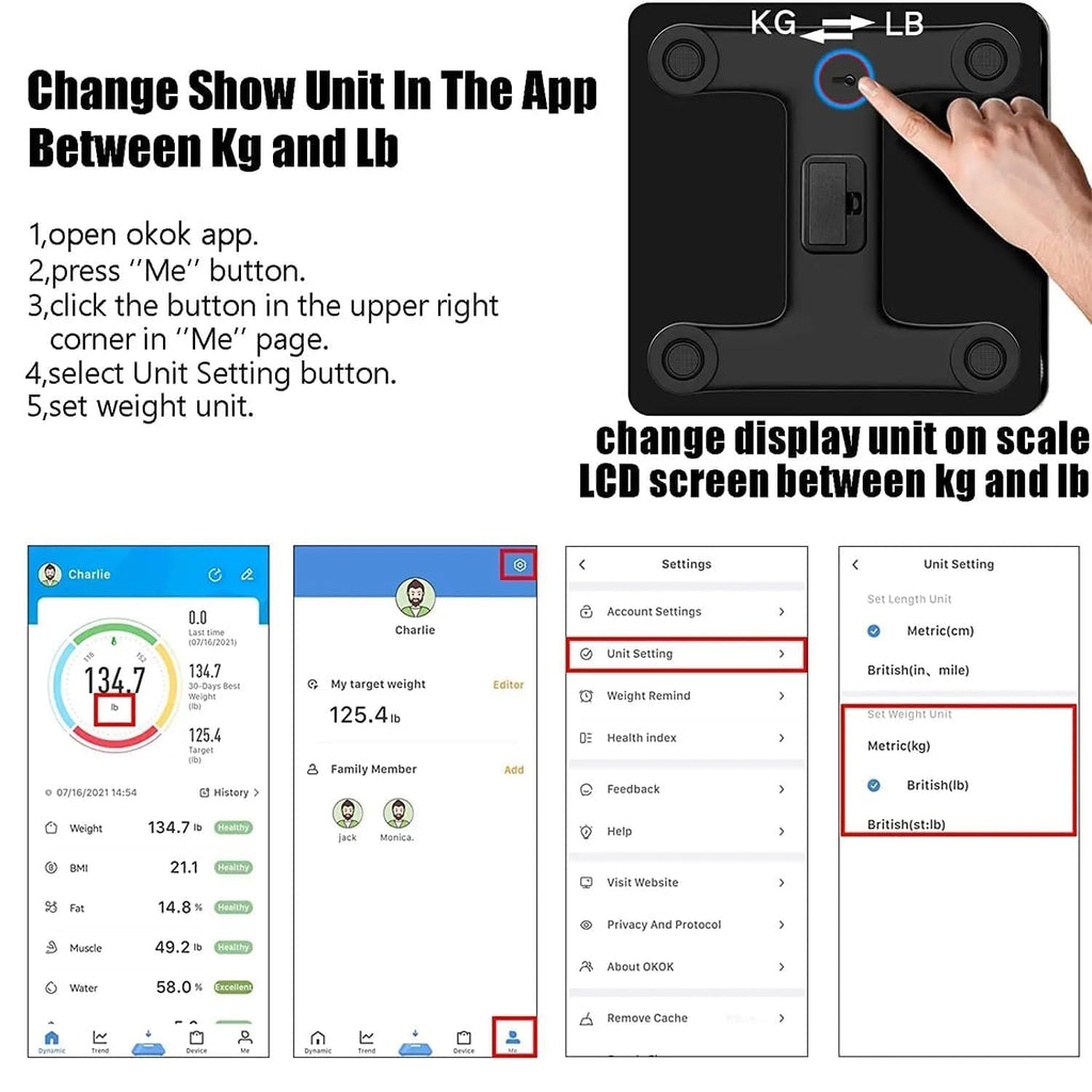 Instructions on changing weight unit display between kg and lb using an app and scale.