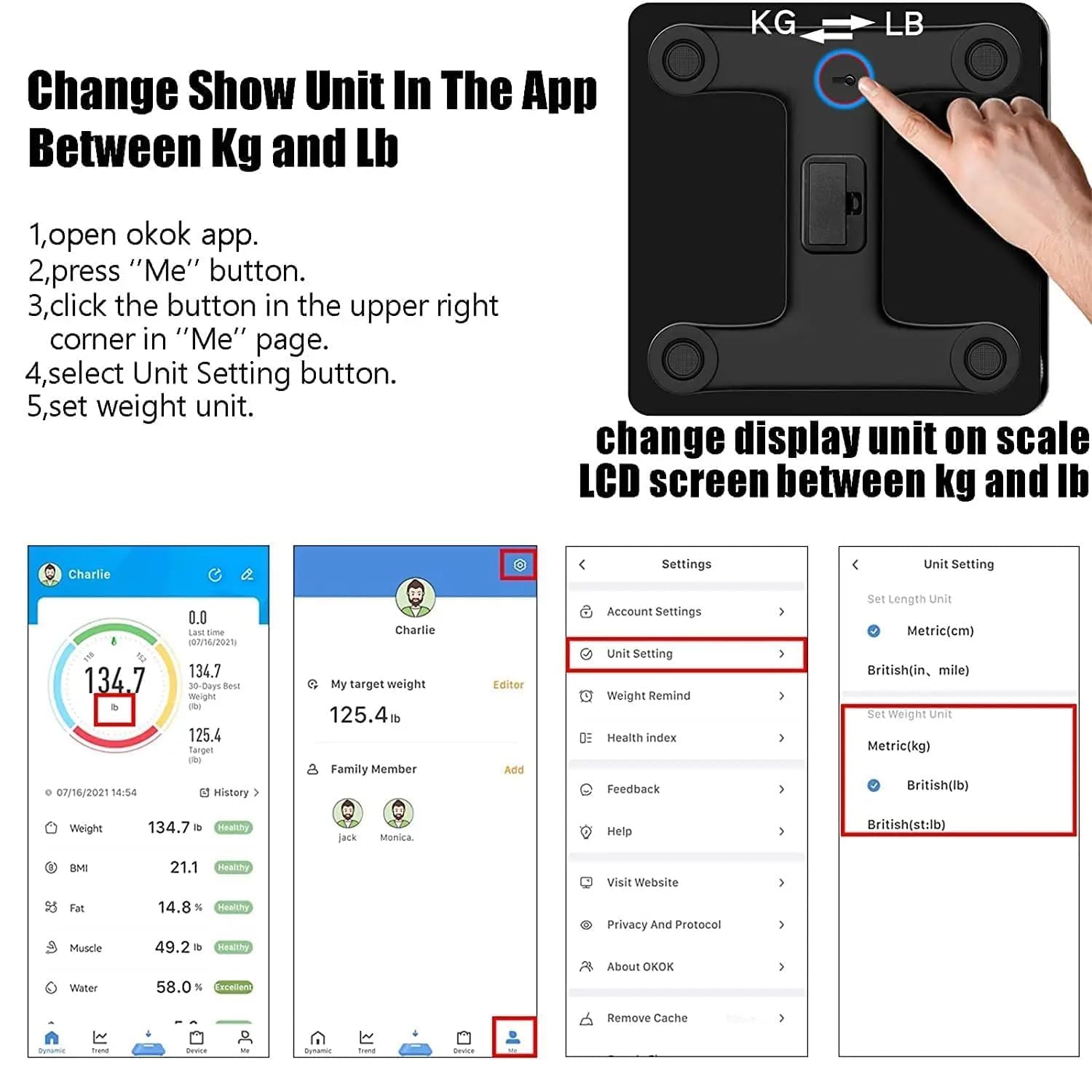 Instructions on changing weight unit display between kg and lb using an app and scale.