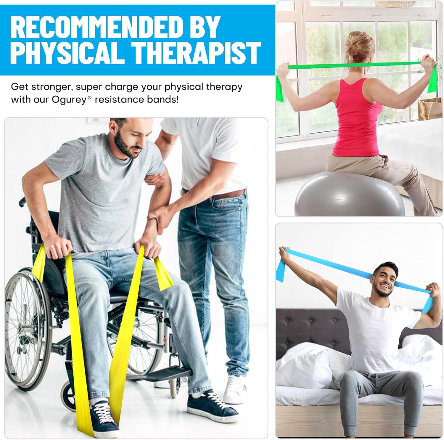 Collage of people using resistance bands with text 'Recommended by Physical Therapist' and Oguley resistance bands branding.