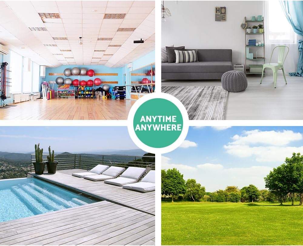 Collage of various scenes including a gym, living room, poolside, and outdoor landscape with 'Anytime Anywhere' text.