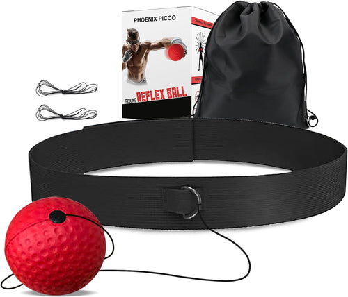Red reflex ball with black belt, packaging, and drawstring bag on a white background
