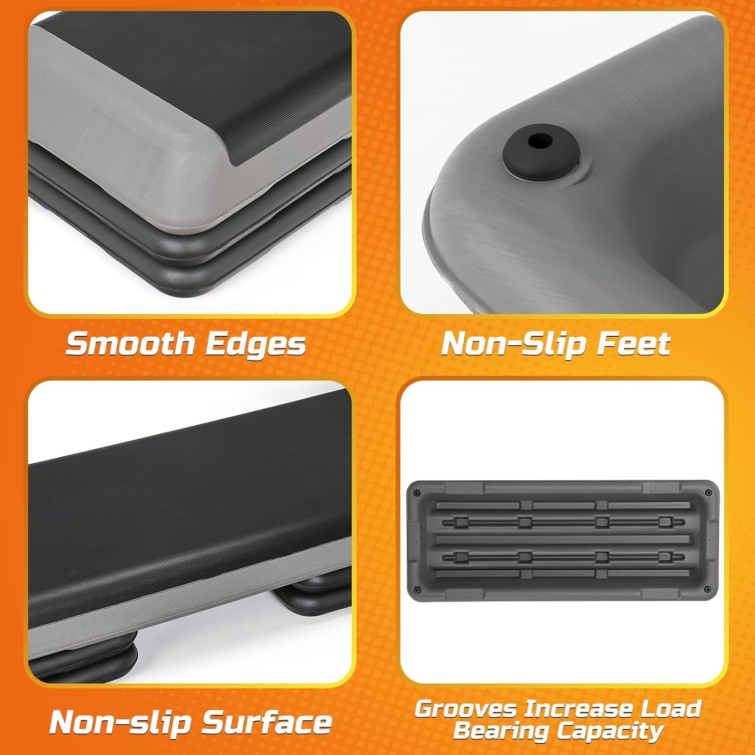 Product features with text labels on an orange background