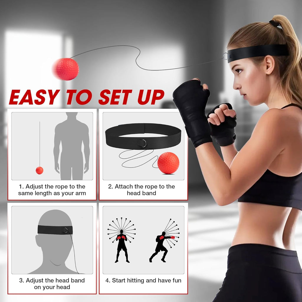 Woman using a boxing training device with setup instructions displayed.